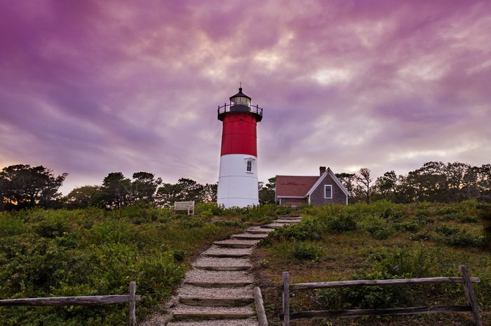 Nauset Lighthouse purple sunset in Cape Cod-Massachusetts