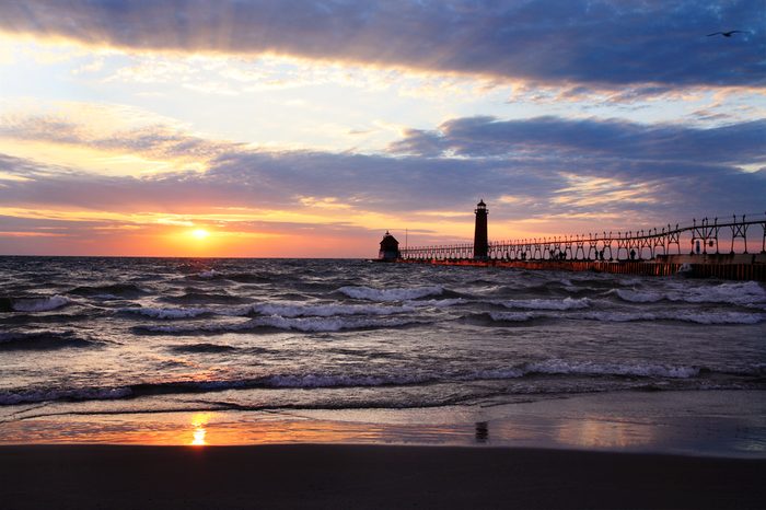 A Beautiful Sunset At The Grand Haven South Pierhead Lighthouse, Michigan, USA