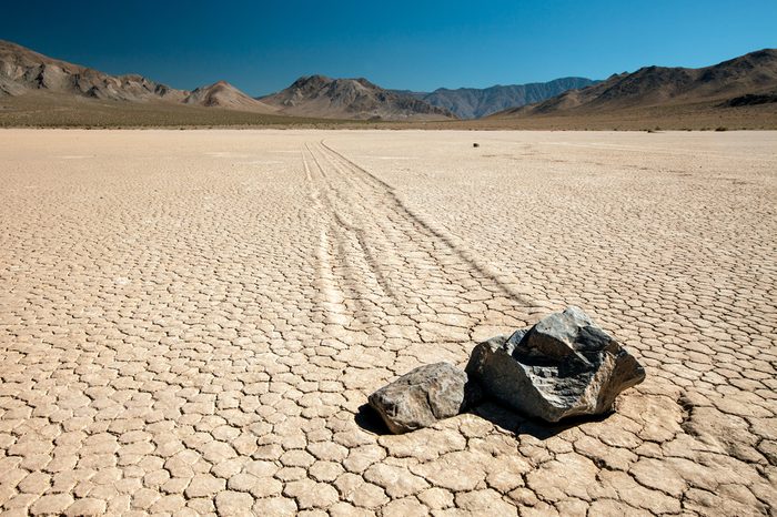 The "twins" at Racetrack Playa at Death Valley - close-up shot of the moving rocks