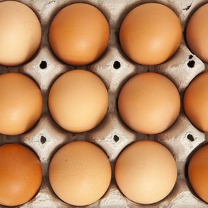 top view of organic eggs in a protective container