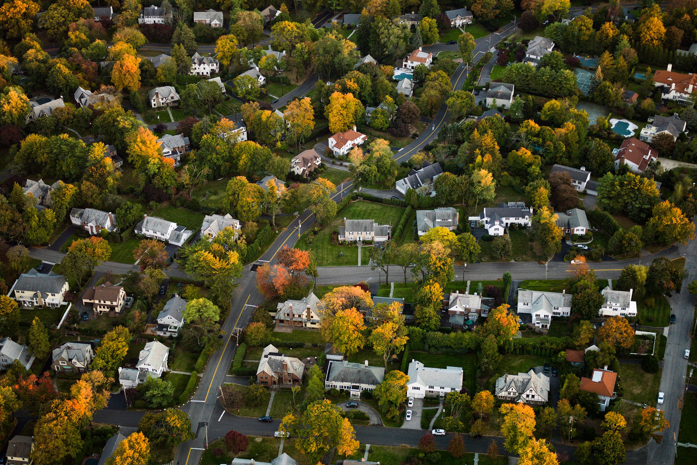 Aerial view of suburban houses interspersed with vibrant autumn trees, connected by winding roads in a residential neighborhood.
