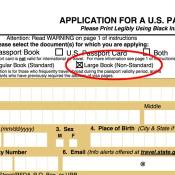 Form displaying U.S. Passport application options, with sections for personal information. "Large Book" option circled in red. Form fields below for name, birth date.