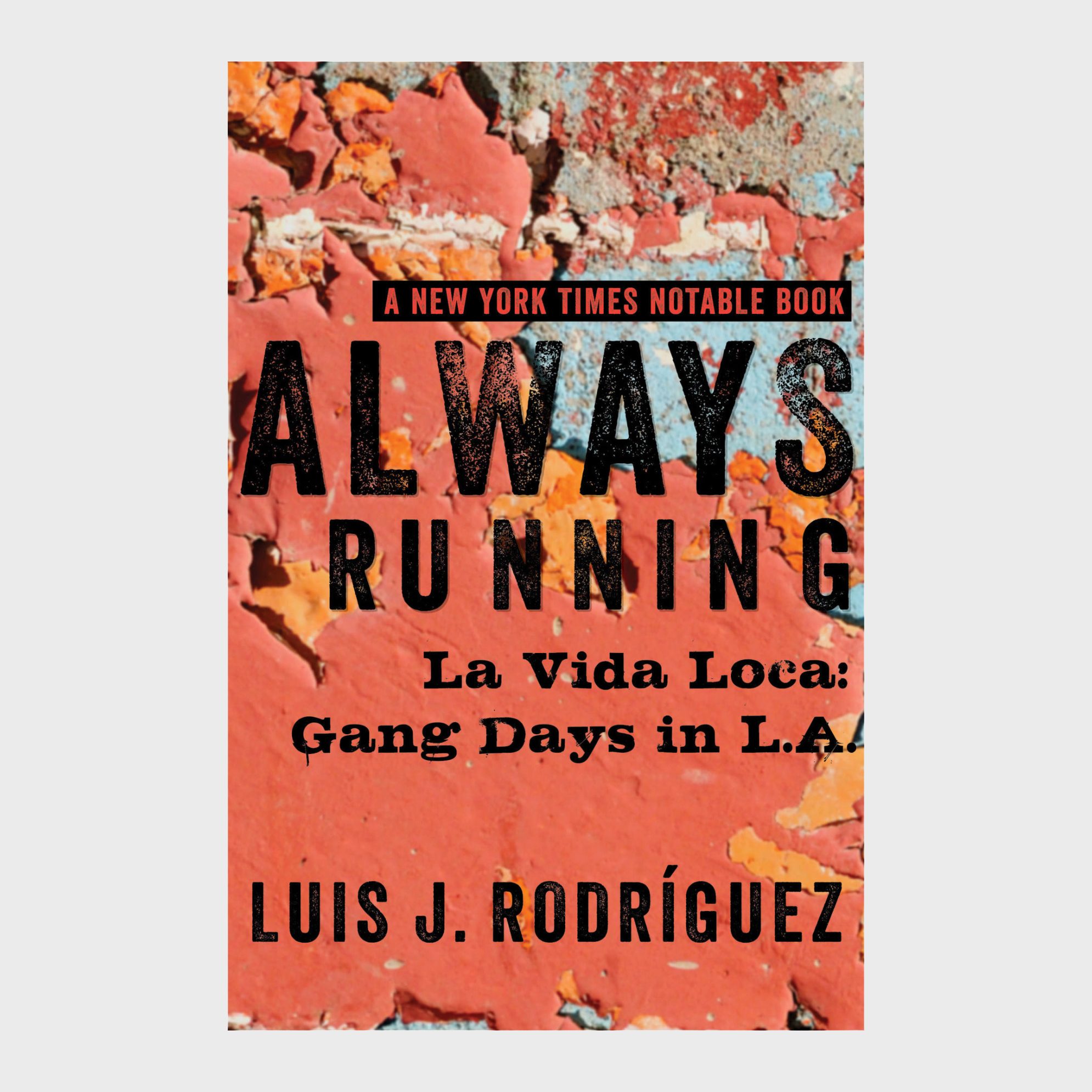 Book cover shows peeling paint, revealing text: "ALWAYS RUNNING, La Vida Loca: Gang Days in L.A., LUIS J. RODRÃGUEZ, A NEW YORK TIMES NOTABLE BOOK."