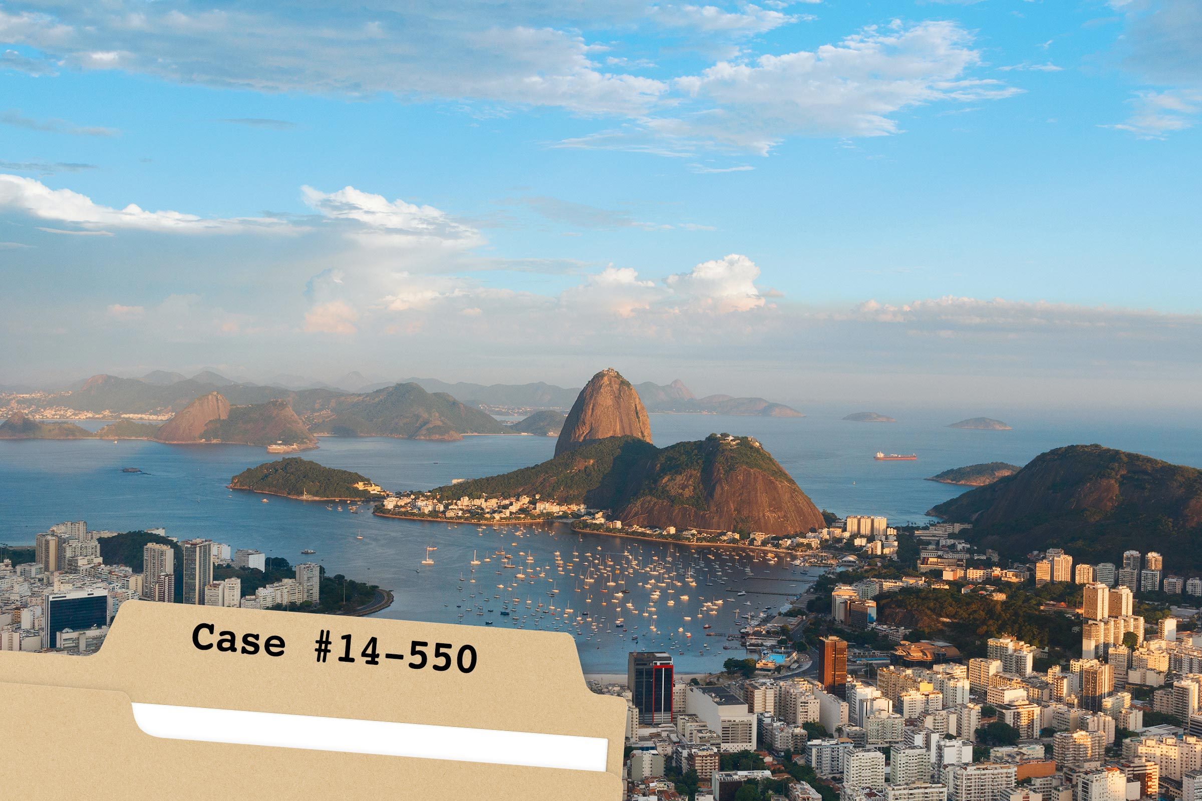 Folder with "Case #14-550" text overlays cityscape and ocean bay with mountains under blue sky and clouds.