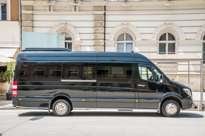 Mercedes Benz sprinter black luxury shuttle bus van parked on the street. June - 12. 2018. Novi Sad, Serbia. Editorial image