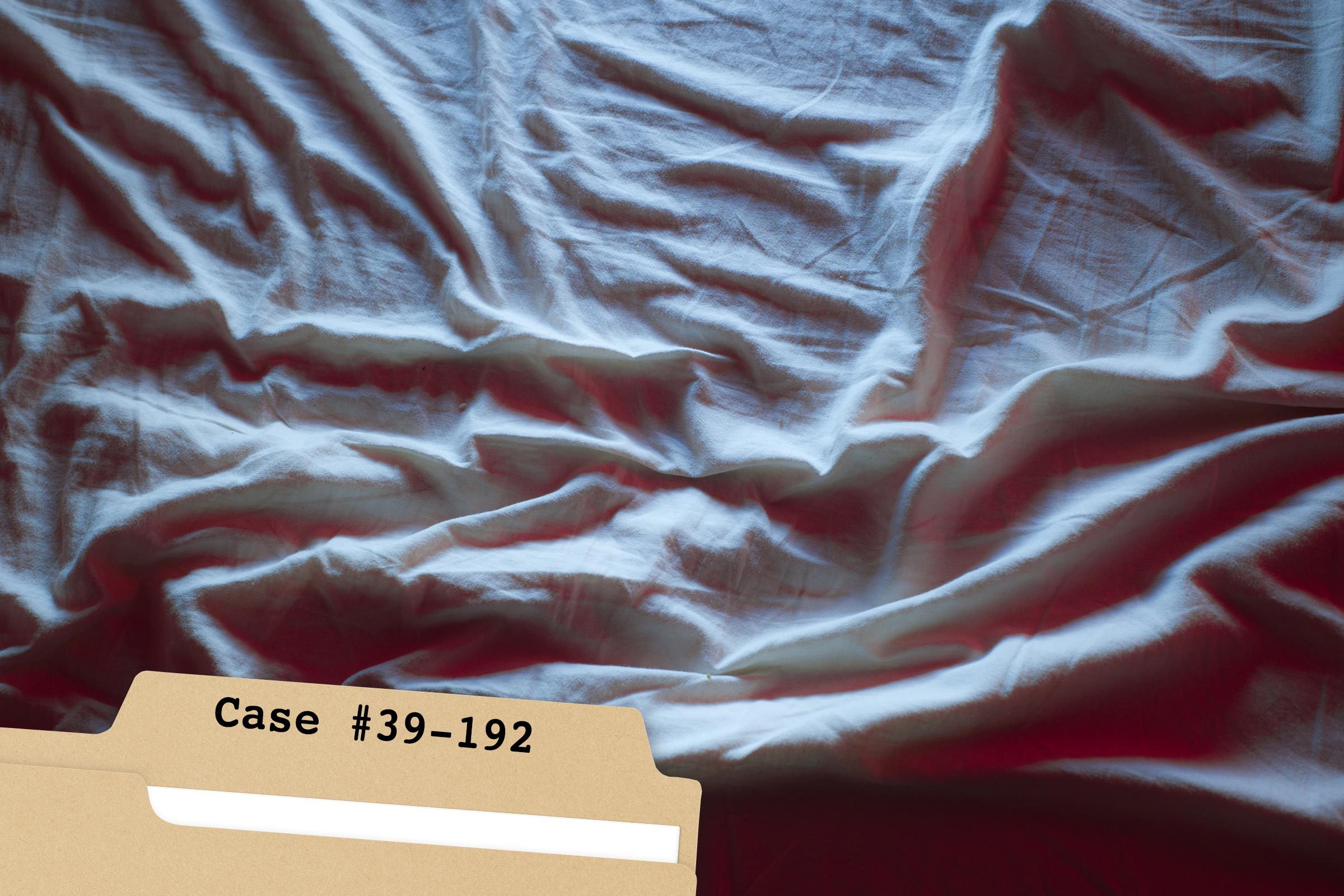 Folder labeled "Case #39-192" rests on a wrinkled fabric surface with shadows and light contrasts.