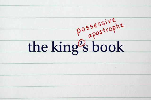 Text reads "the king's book" with "possessive apostrophe" labeled in red on lined paper.