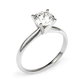 A silver ring displays a large, round diamond atop its band, set against a plain white background.
