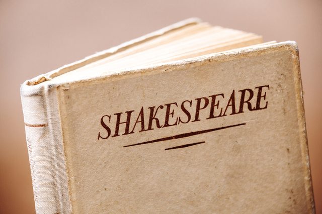Book titled "SHAKESPEARE" rests on its spine, pages slightly fanned out, on a neutral background.
