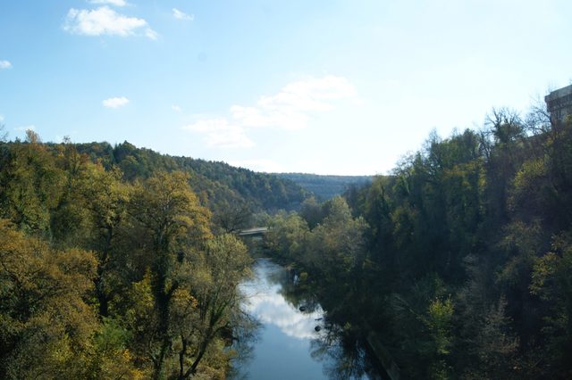 River winds through lush forest, reflecting clear blue sky above, surrounded by densely wooded hills and softly lit by sunlight.