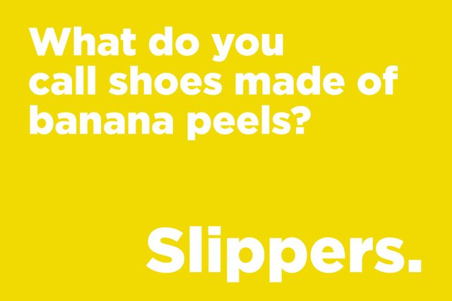 Text on yellow background delivers a humorous question-answer joke about banana peels as shoes, answered with "Slippers."