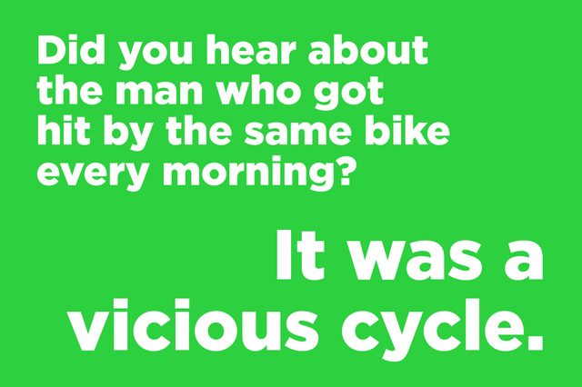 Text on a bright green background tells a joke about a man repeatedly hit by a bike, with the punchline "It was a vicious cycle."