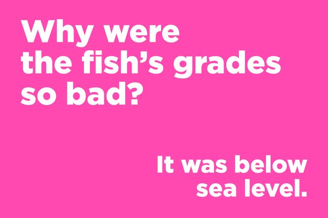 Text says, "Why were the fishâ€™s grades so bad? It was below sea level." Bright pink background emphasizes the joke.