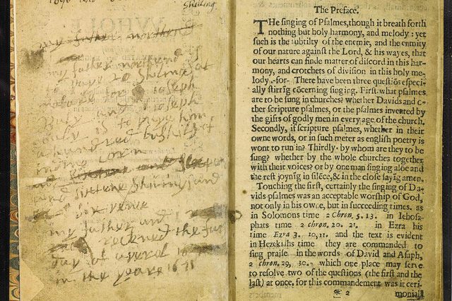 Two pages, left with handwritten notes, right printed text titled â€œThe Preface.â€ Discusses psalm singing, harmony, and musical questions in religious context.