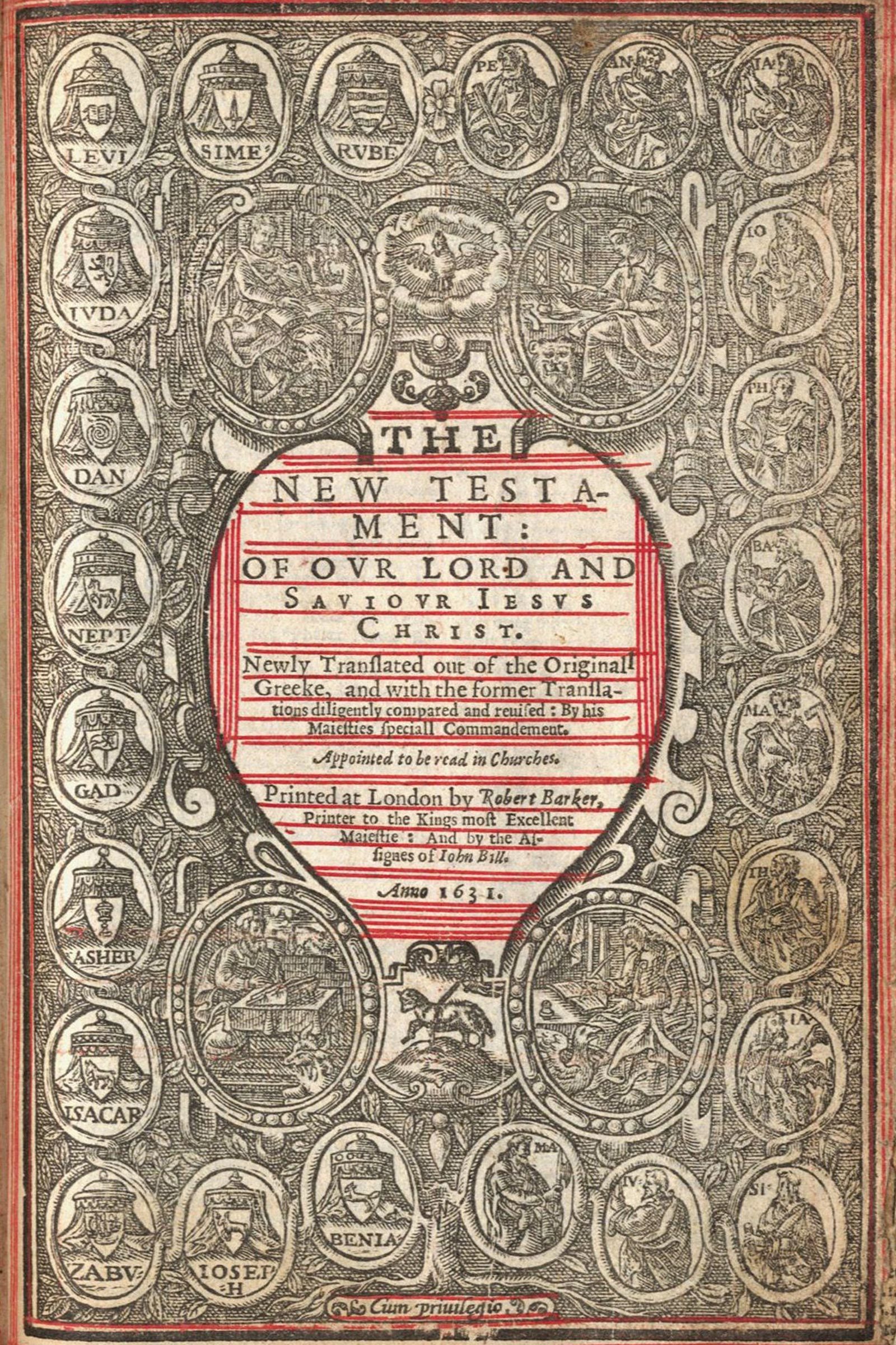 Intricate oval-framed illustrations surround a central text on a decorative page. Text announces "The New Testament" printed in London by Robert Barker, 1631.