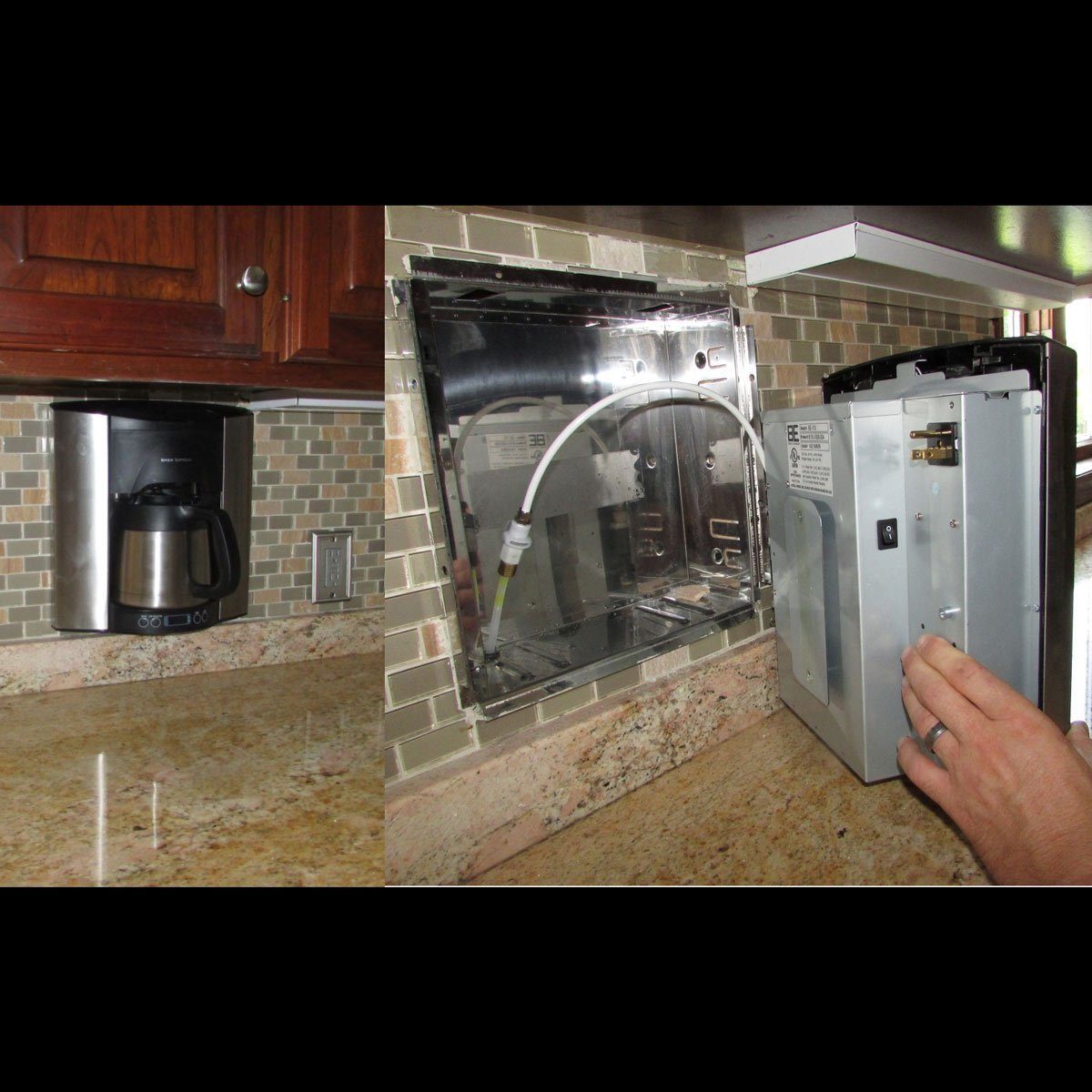 Coffee maker being installed into a built-in space on a tiled kitchen wall; a hand adjusts the machine's position.