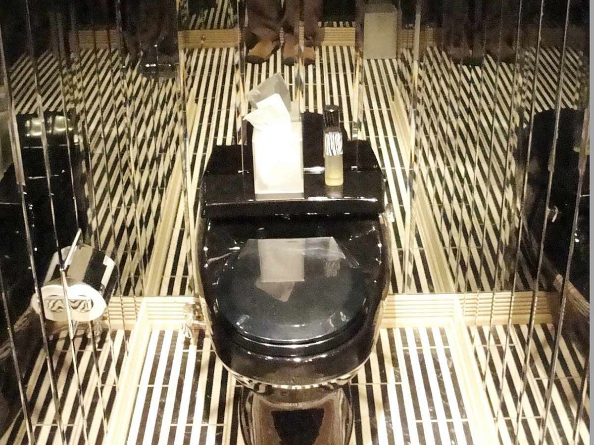 Black toilet sits in a mirrored bathroom, creating an intricate pattern with striped walls and floor. Toilet paper and decor on top.