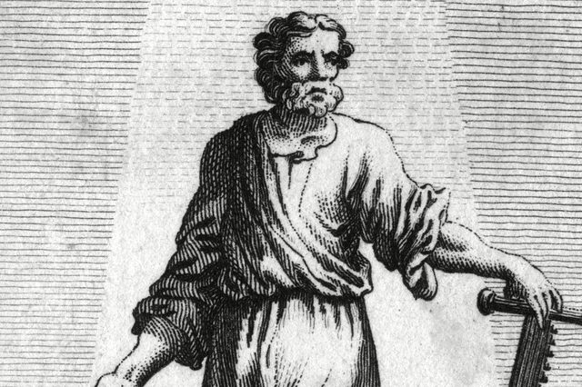 A bearded man stands holding a staff, dressed in ancient robes, with a backdrop of horizontal lines enhancing the classical appearance.