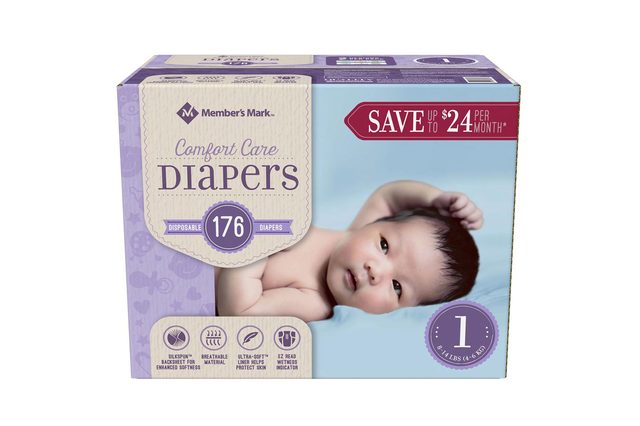Diaper box features a baby lying down, promoting "176 disposable diapers" and "save up to $24 per month," with product benefits listed below.