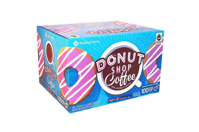 Coffee box displays "Donut Shop Coffee" with colorful donut graphics, 100 single-serve cups, blue background, Member's Mark branding, and Fair Trade Certified label.