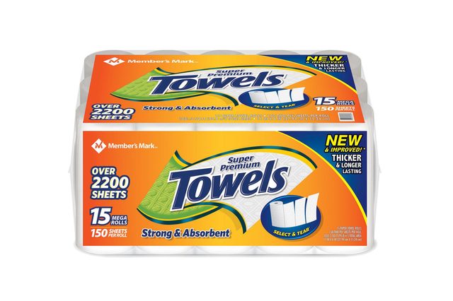 Package of paper towels; features "Super Premium Towels" text; highlighting strength, absorbency, and over 2200 sheets. Background is predominantly orange and blue.