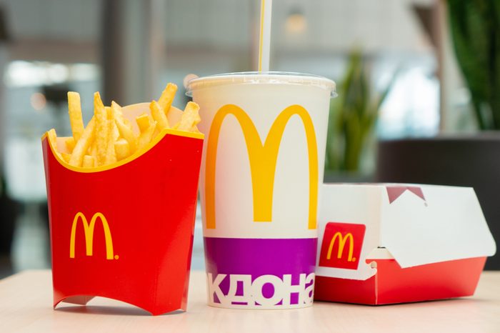 Moscow, Russia, March 15 2018: McDonald's Big Mac hamburger menu, French Fries and Coca Cola
