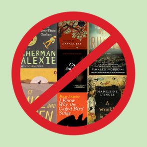 Book covers are crossed by a red circle, indicating prohibition, on a light green background. Titles include works by Sherman Alexie and Harper Lee.