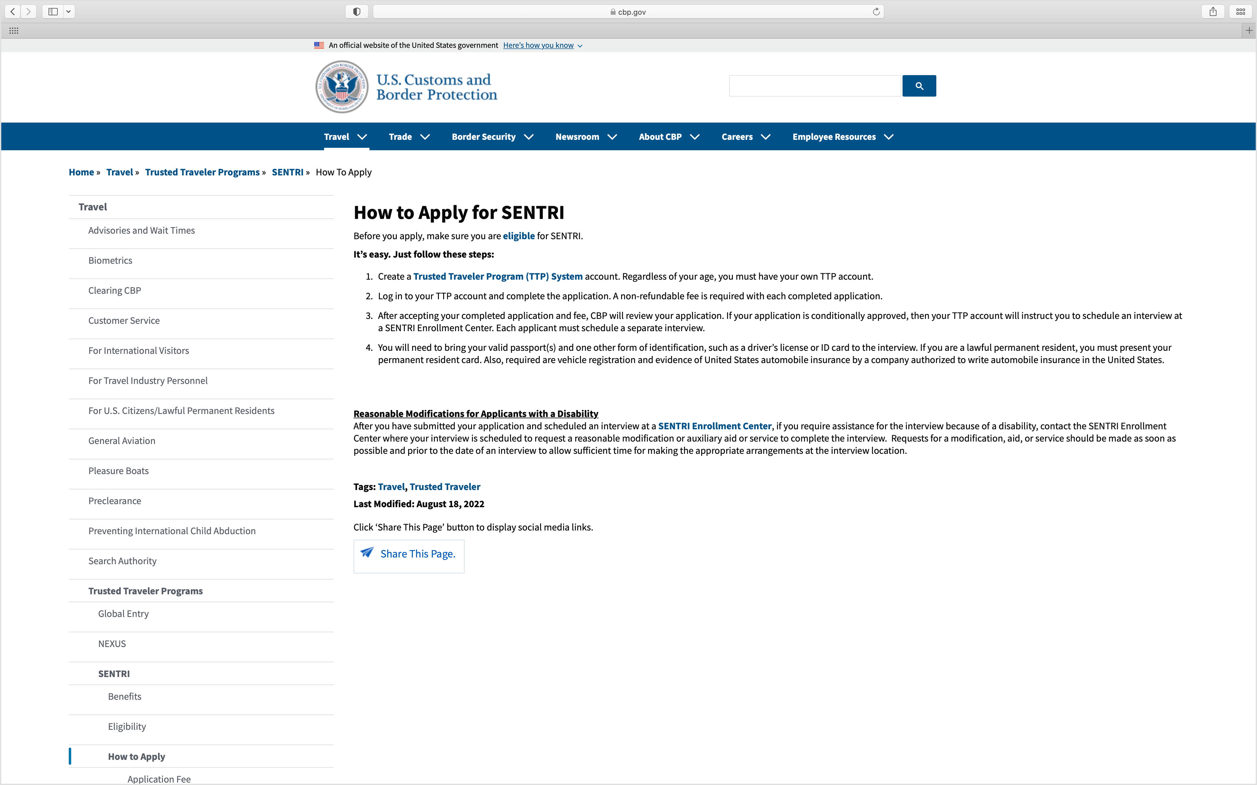 Sentri Expedited Airport Ecomm Via Cbp.gov