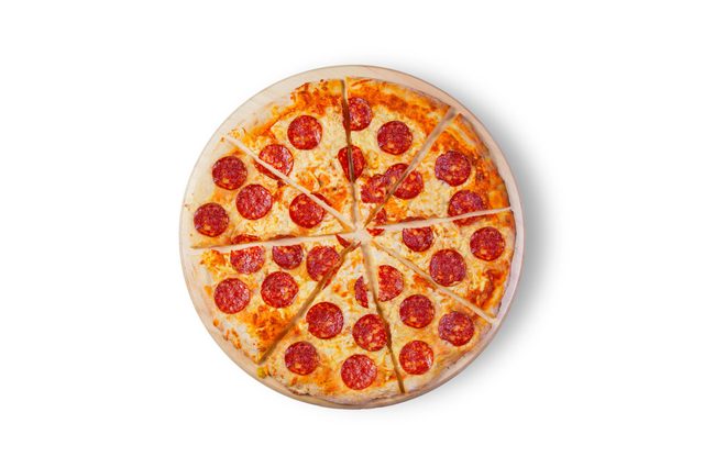 Pizza sliced into eight pieces, topped with pepperoni, resting on a wooden board against a plain white background.