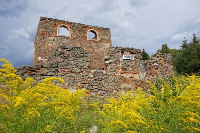 Ruins stand still amid bright yellow wildflowers, under a cloudy sky, with a sign displaying "Burgersstar" attached to the weathered stone wall.