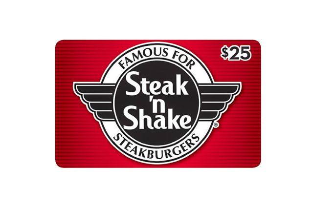 Gift card displays "Famous for Steak 'n Shake Steakburgers," valued at $25, with a black and white logo on a red background.
