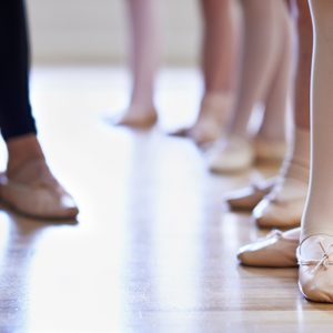 Close Up Of Teacher And Children's Feet In Ballet Dancing Class