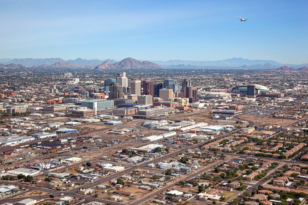 Aerial view of Downtown Phoenix, Arizona Skyline looking to the northeast