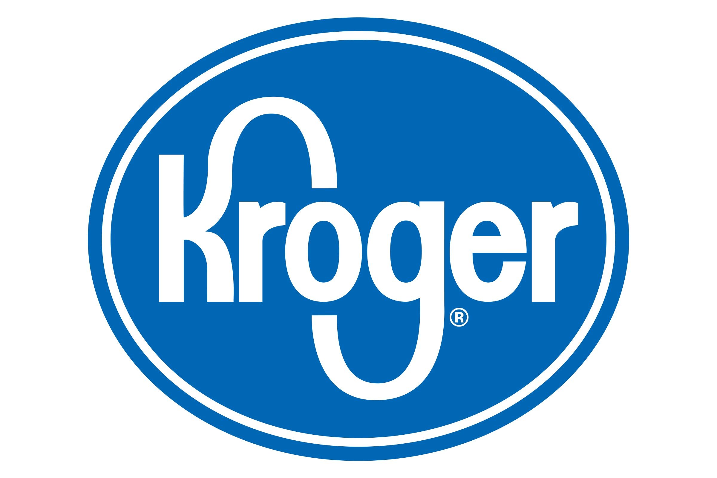 The logo features the word "Kroger" in white letters, centered, within a blue oval background.
