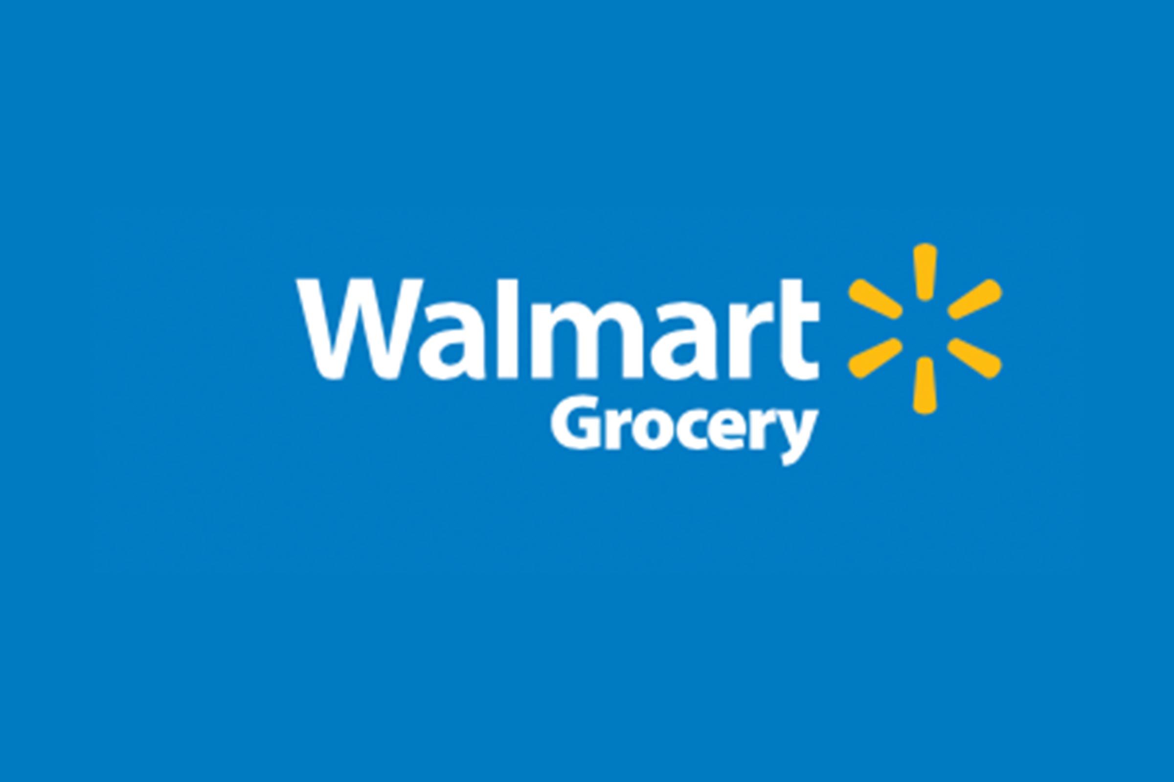Walmart Grocery logo displayed on a solid blue background with white text and a yellow starburst symbol.