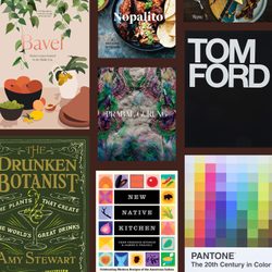 Books with diverse covers displayed, featuring recipes, design, and plants; accompanied by colorful patterns and bold typography, reflecting culinary and artistic themes.