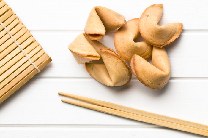 top view of fortune cookie on white table