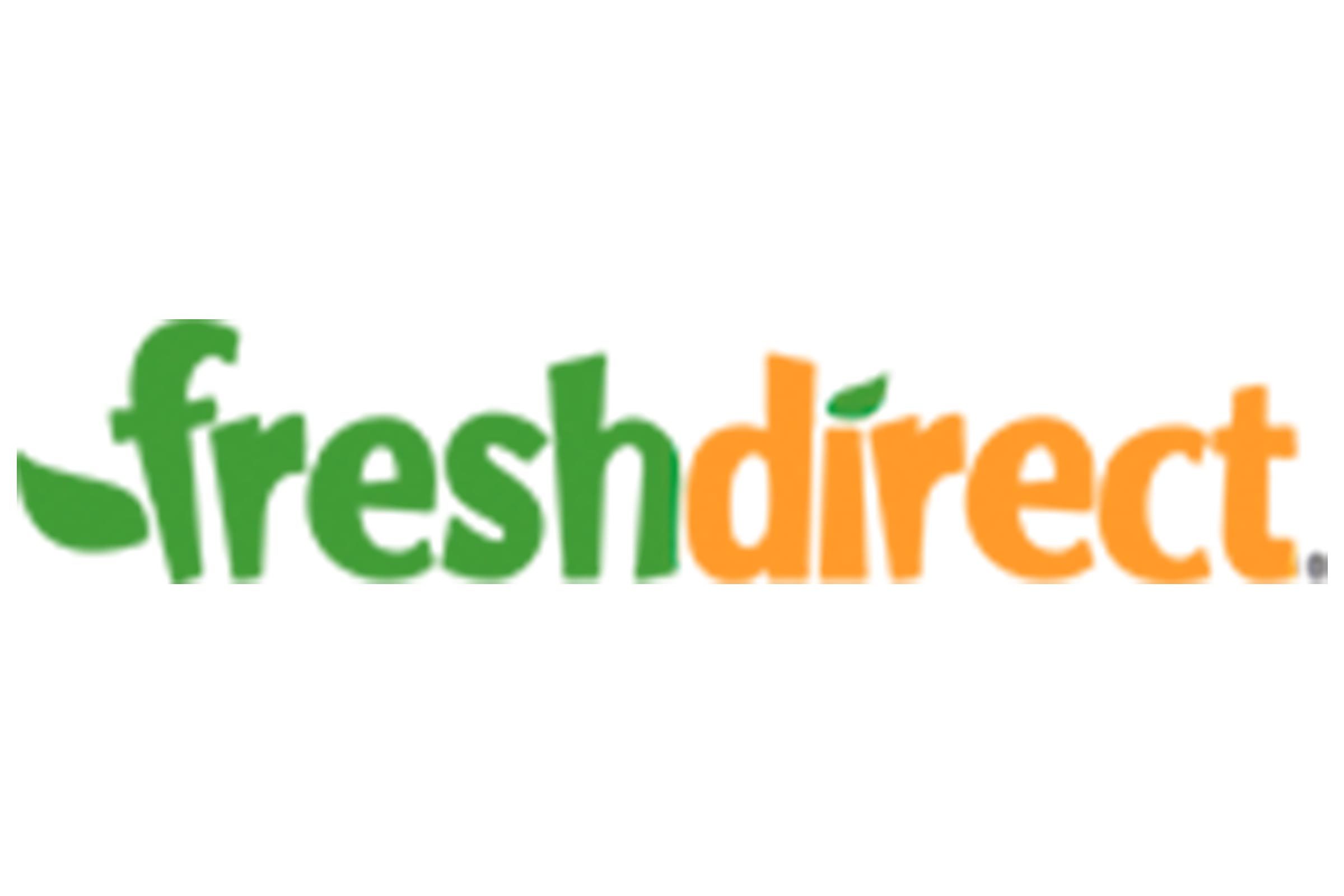 The word "freshdirect" features green and orange letters with a leaf accent, set against a plain white background.