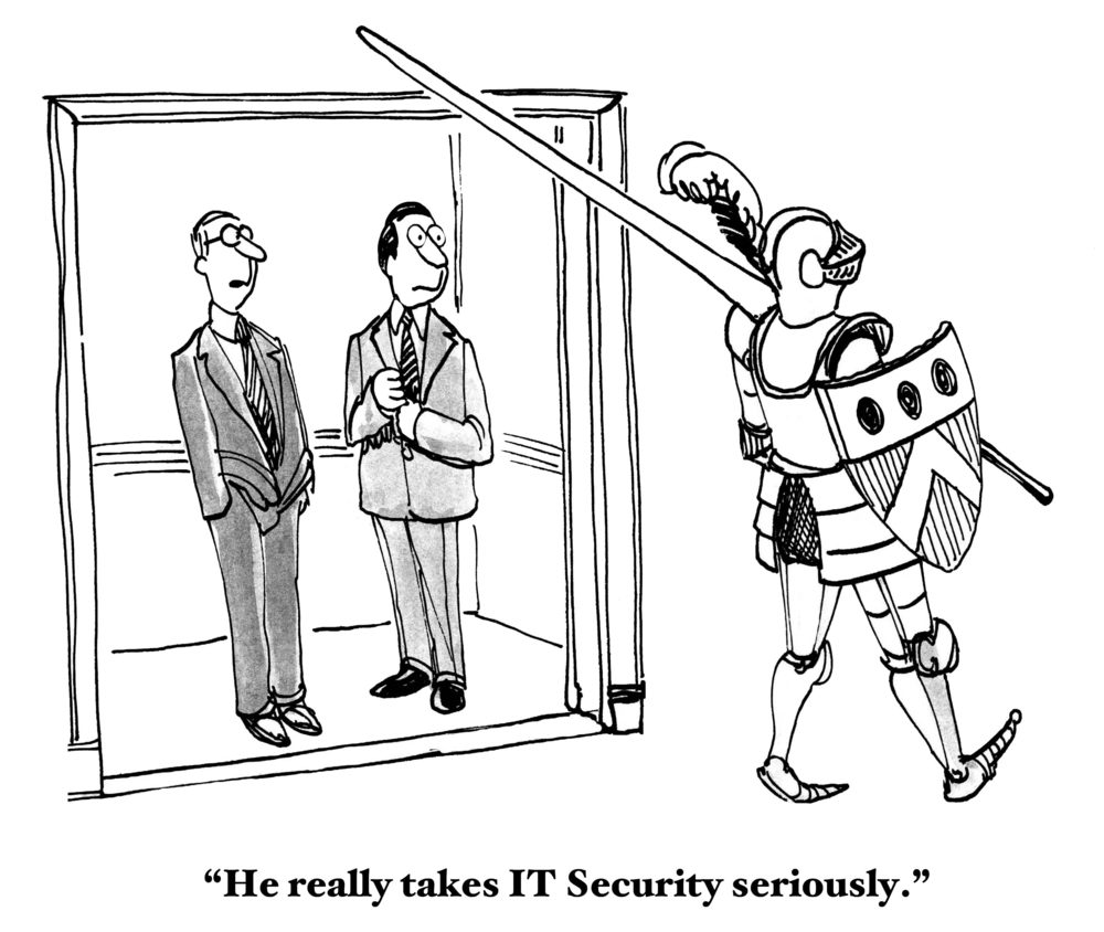 Two men stand in an elevator, observing a suited knight guarding with a spear. Caption reads, "He really takes IT Security seriously."