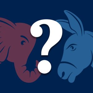 A red elephant and blue donkey face off with a white question mark between them against a dark blue background.