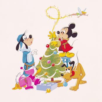 Characters decorate a Christmas tree, surrounded by festive ornaments and a gift, with a small fairy flying overhead on a plain background.