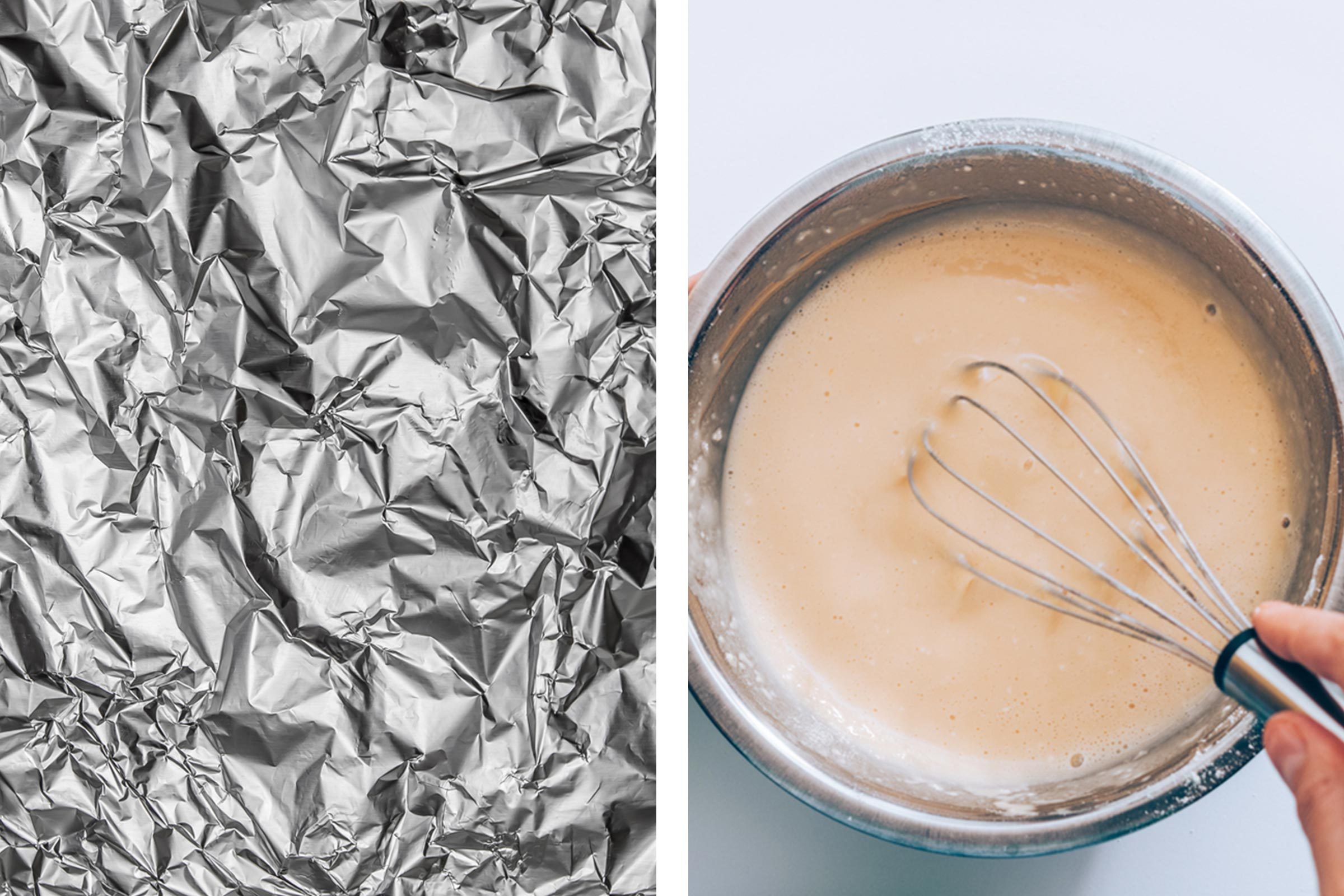 Aluminum foil texture next to bowl of cake batter