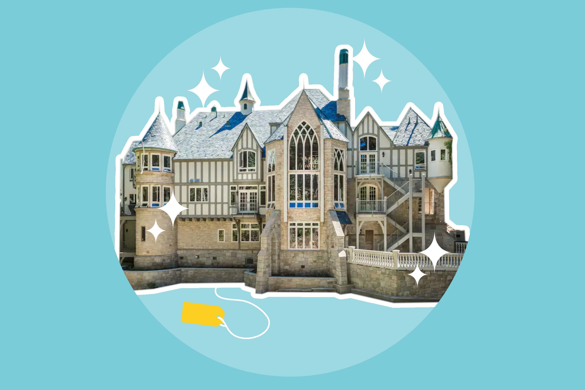 Castle features intricate architecture adorned with sparkles, set against a teal background within a circular frame. A yellow price tag dangles nearby.