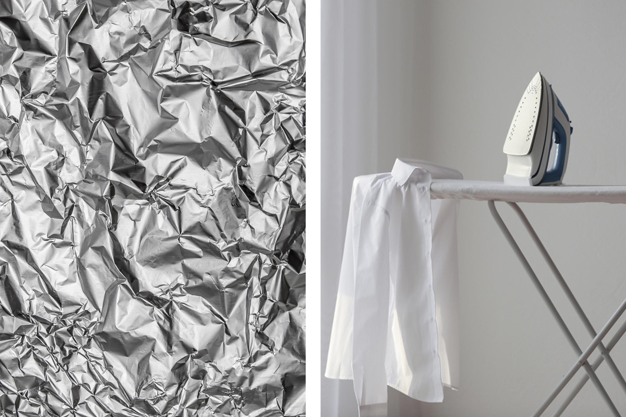 Aluminum foil texture next to ironing board, shirt, and iron