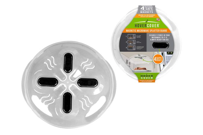 Round splatter guard hovers; clear plastic with four black vents; used in microwaves for food protection. Packaging highlights magnetic feature and storage convenience.