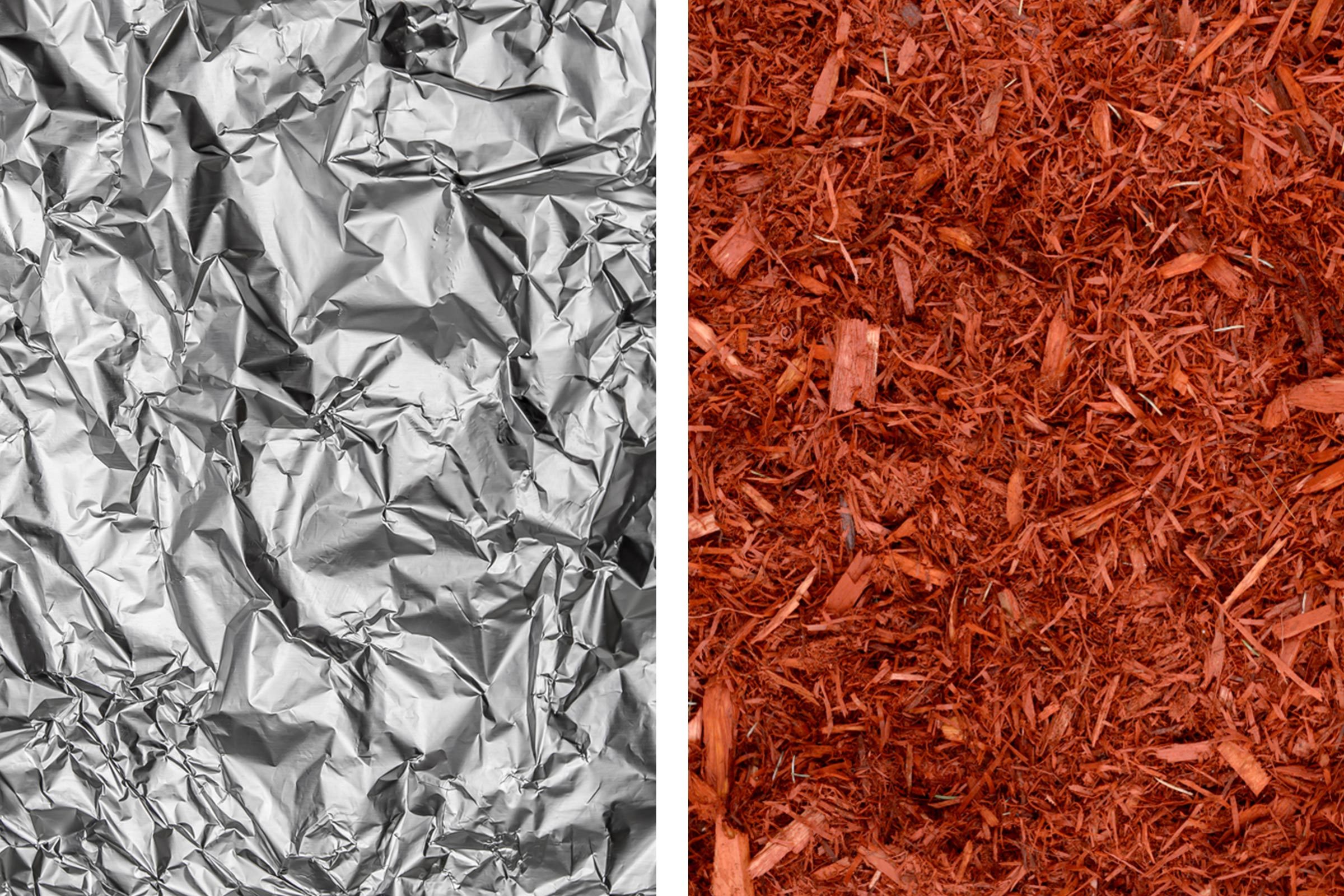 Aluminum foil texture next to red mulch texture