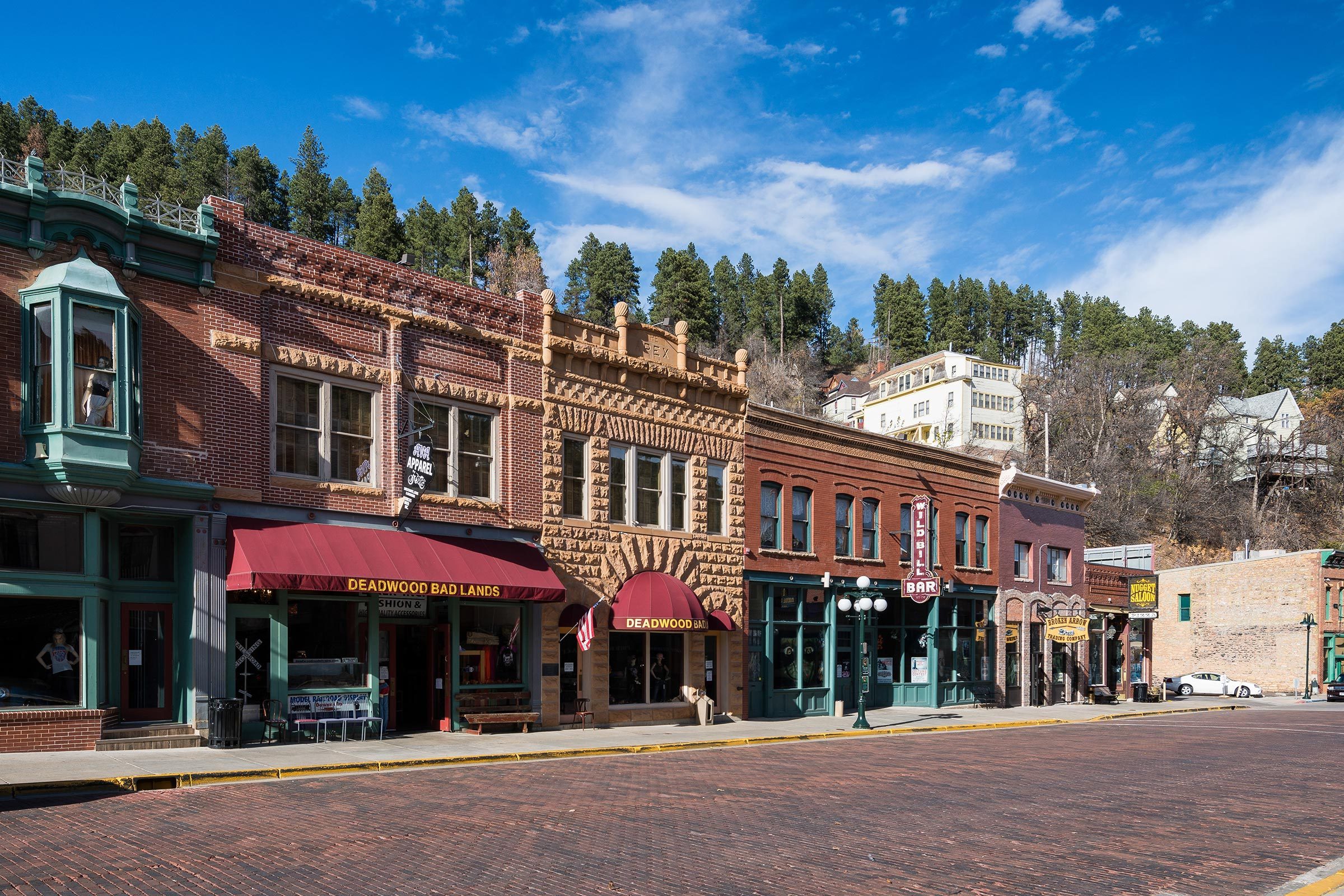 Historic brick storefronts display signs and awnings; vibrant streetscape under a clear blue sky, flanked by lush trees on a hillside.
