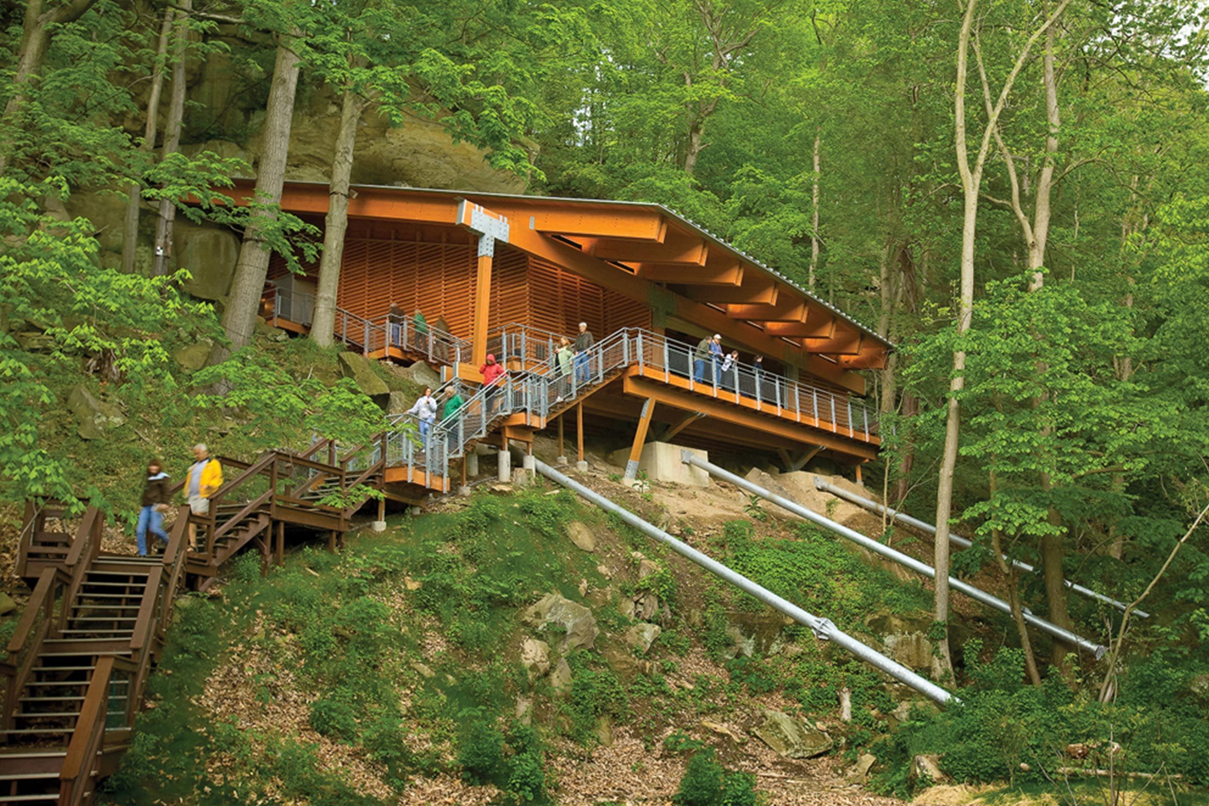 A modern wooden building perched on a forested hillside, people ascending stairs, surrounded by trees and lush greenery.