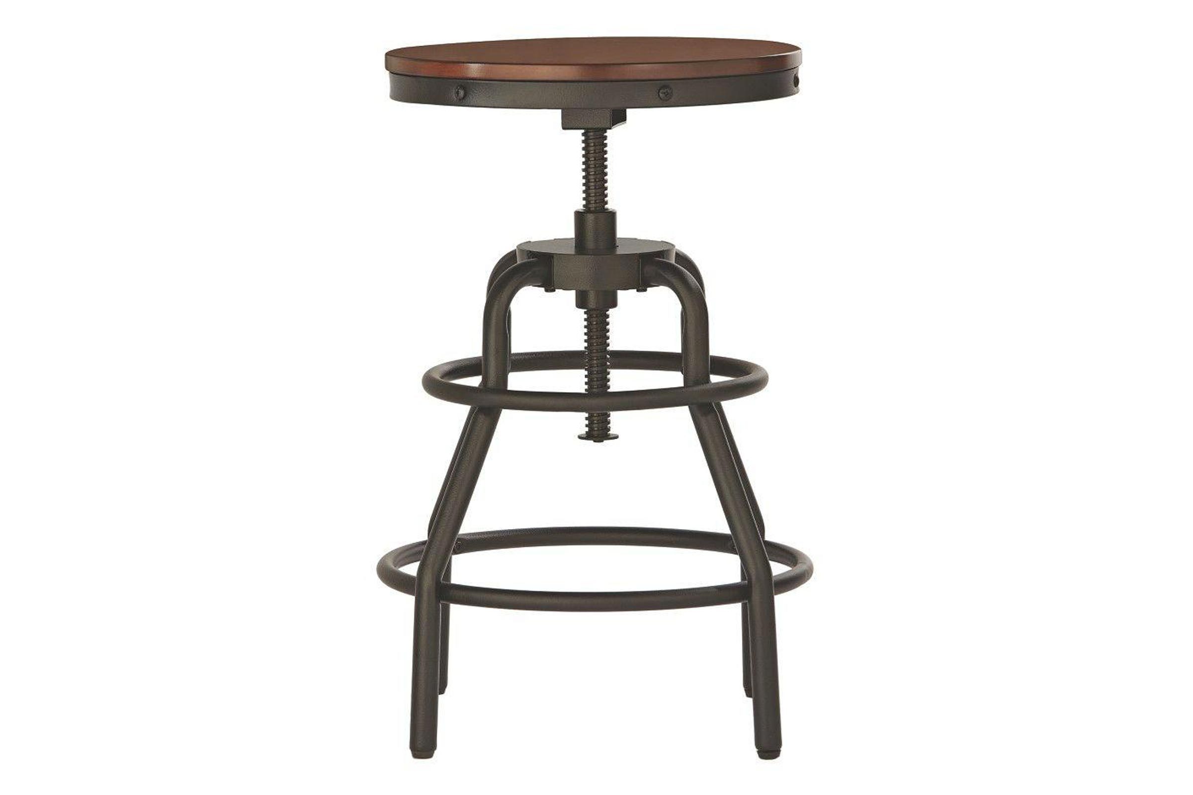 A metal stool with a wooden seat stands on a white background. It features a screw mechanism for height adjustment and circular footrests.