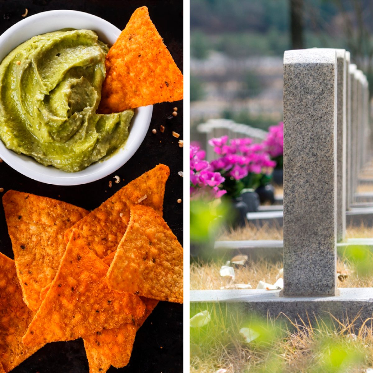 Nachos sit in a bowl with guacamole on a table; gravestones line up in a cemetery with colorful flowers in the background.